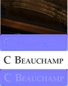 The address plaque as it appears in the game, the texture file 'plaquedirty_normal.tga', "C Beachaump" set in Palatino Linotype, and the latter two combined.