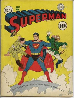 Superman, holding Hitler and the Japanese emperor