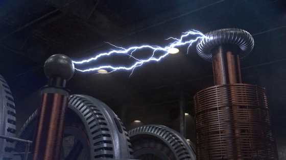 A screenshot of the opening movie from Civilization V, showing a large Tesla coil