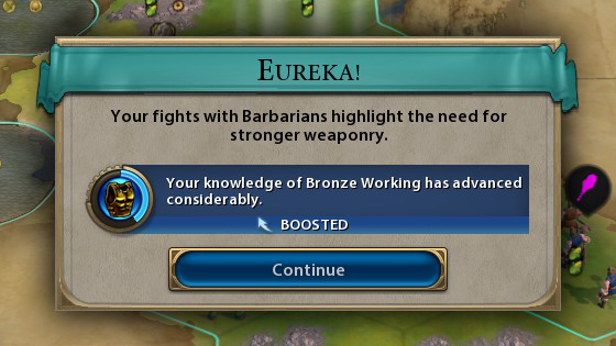 A screenshot of Civilization VI, showing the Eureka Moment boosting the development of Bronze Working