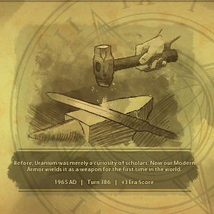 A screenshot from Civilization VI, chronicling the development of Uranium from scientific object to military technology. 