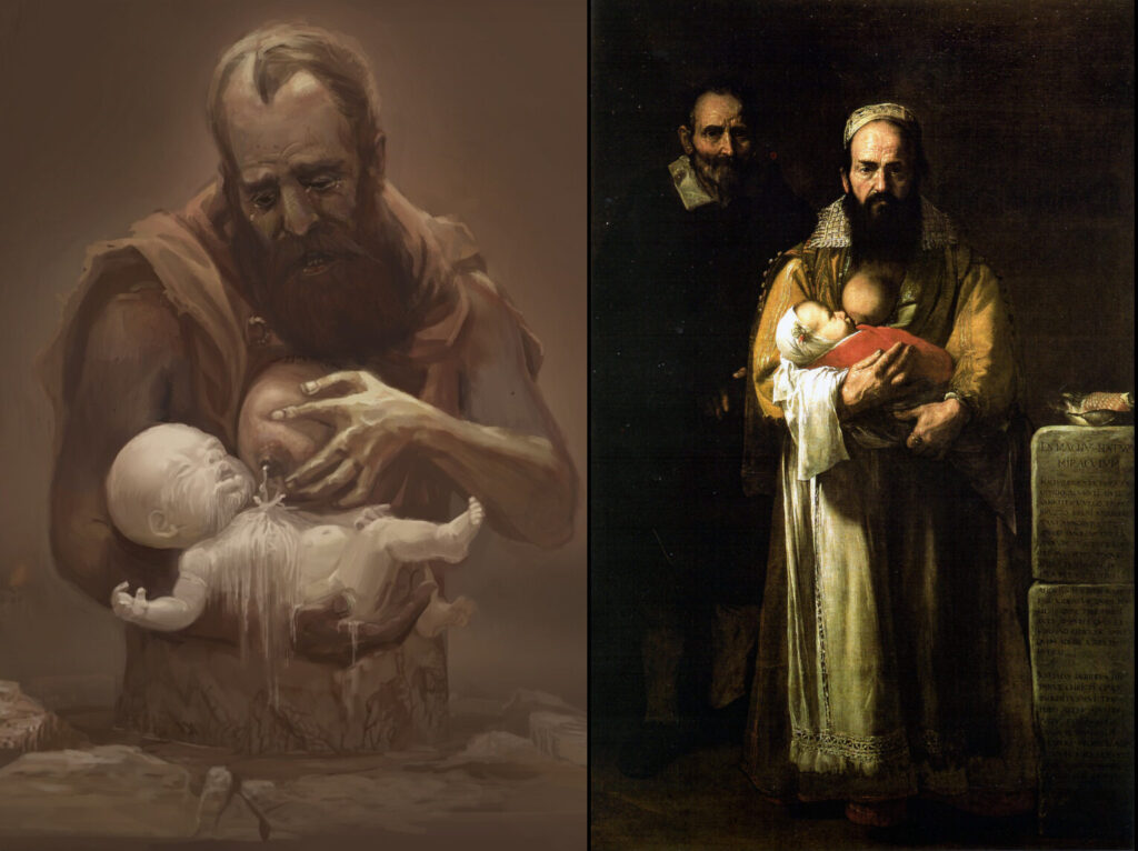 Comparison between Cesareo concept art from Blapsphemous and Magdalena Ventura with her Husband and Son by Miguel Ribera